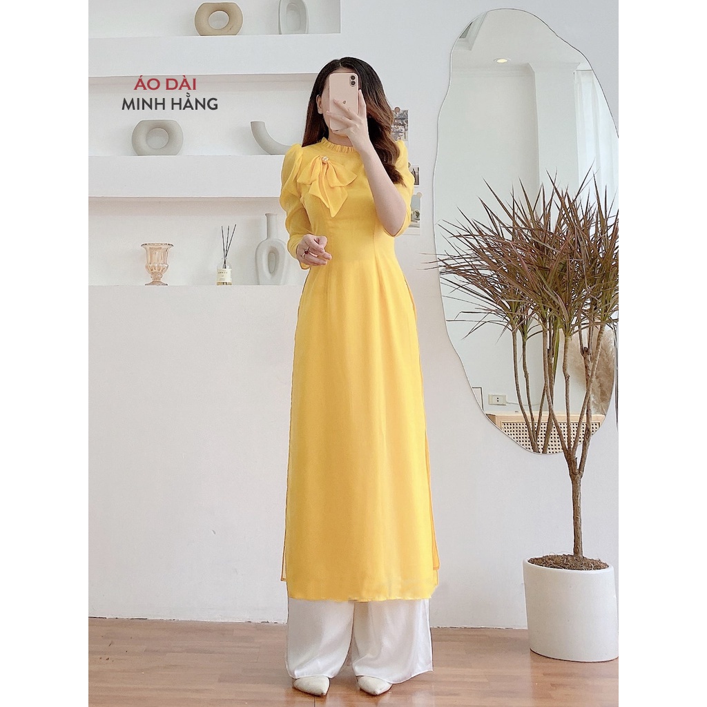 Áo dài cách tân nữ 4 tà tơ óng may sẵn bigsize đính nơ ngực thiết kế tay bồng đẹp nhẹ nhàng, Áo dài Minh Hằng- MH001