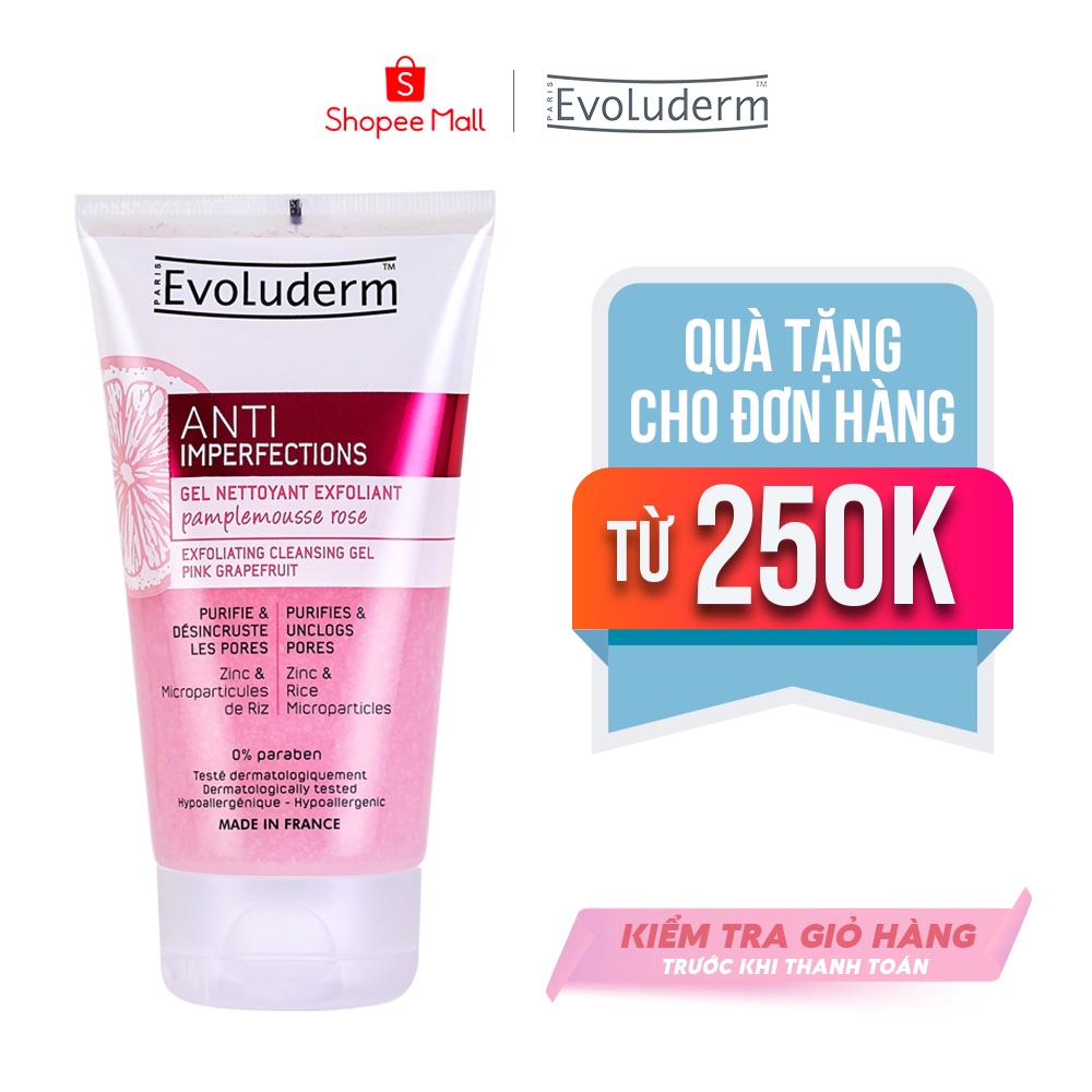 Gel tẩy tế bào chết và rửa mặt Evoluderm giúp che khuyết điểm, ngừa mụn đầu đen dành cho da dầu mụn 150ml