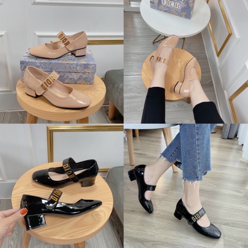 Giày gót vuông 3 phân giày da Nữ dior Da Mềm Fullbox