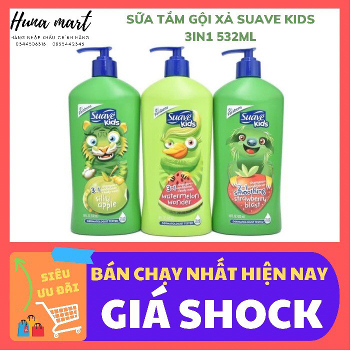 Dầu gội xả sữa tắm 3in1 Suave Kid cho trẻ em của Mỹ, loại có vòi bơm 532ml