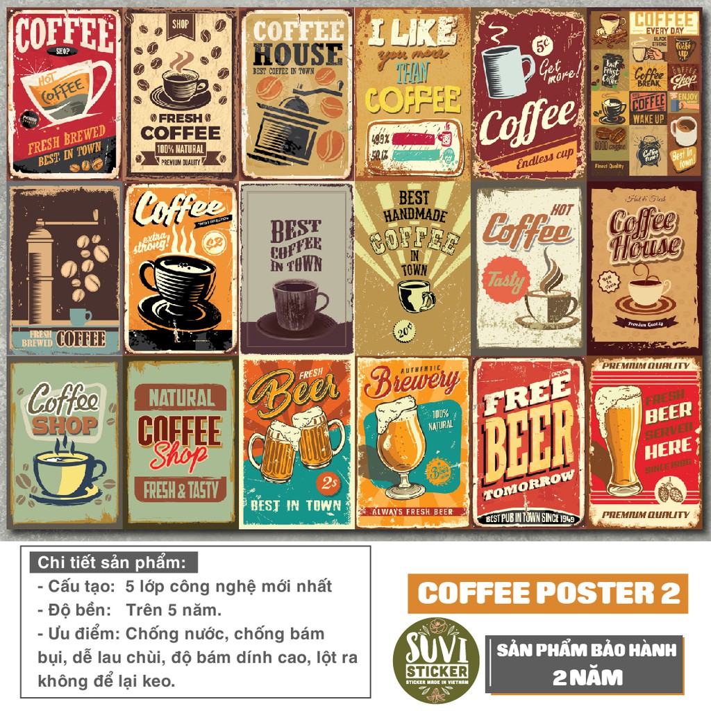 Decal Poster dán tường Vintage Coffee trang trí quán cà phê, trà sữa, nhà ở. MSP: PT03