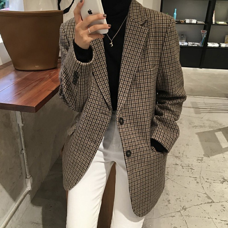 (Hàng Đẹp CC)Ảnh thật 4 hình cuối-2W368.Áo khoác dạ hounstooth thu đông phiên bản Hàn Quốc