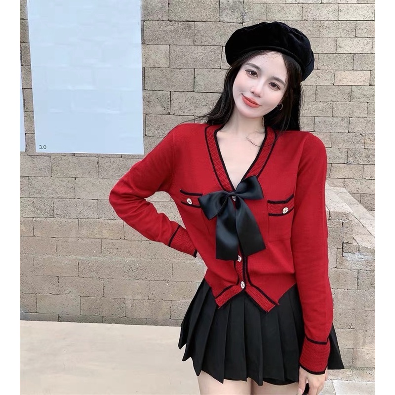 Áo cardigan len dệt kim thắt nơ màu đỏ thiết kế đáng yêu nữ tính