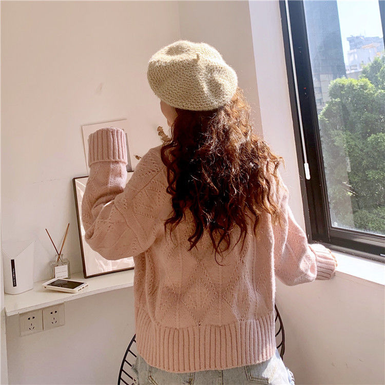 Áo Khoác Cardigan Dệt Kim Tay Dài Cổ Chữ V Dáng Rộng Màu Trắng/Hồng Phong Cách Nhật Bản Cho Nữ