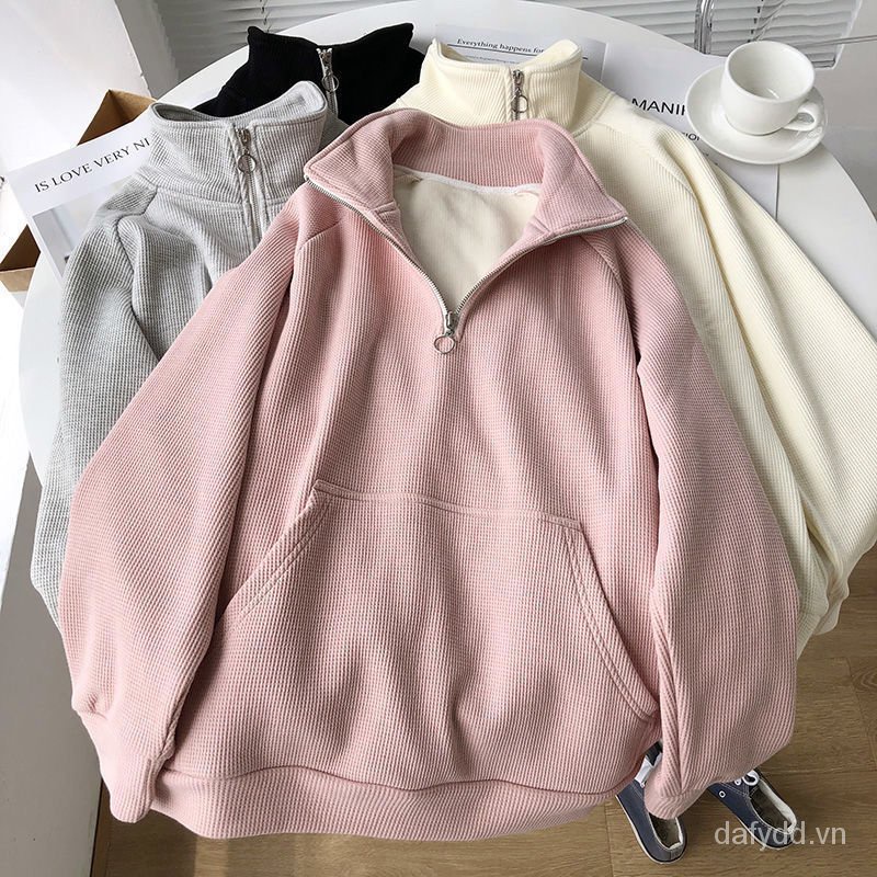 Áo sweater cổ đứng phối dây kéo dáng rộng phong cách Hàn Quốc thời trang mùa thu cho nữ