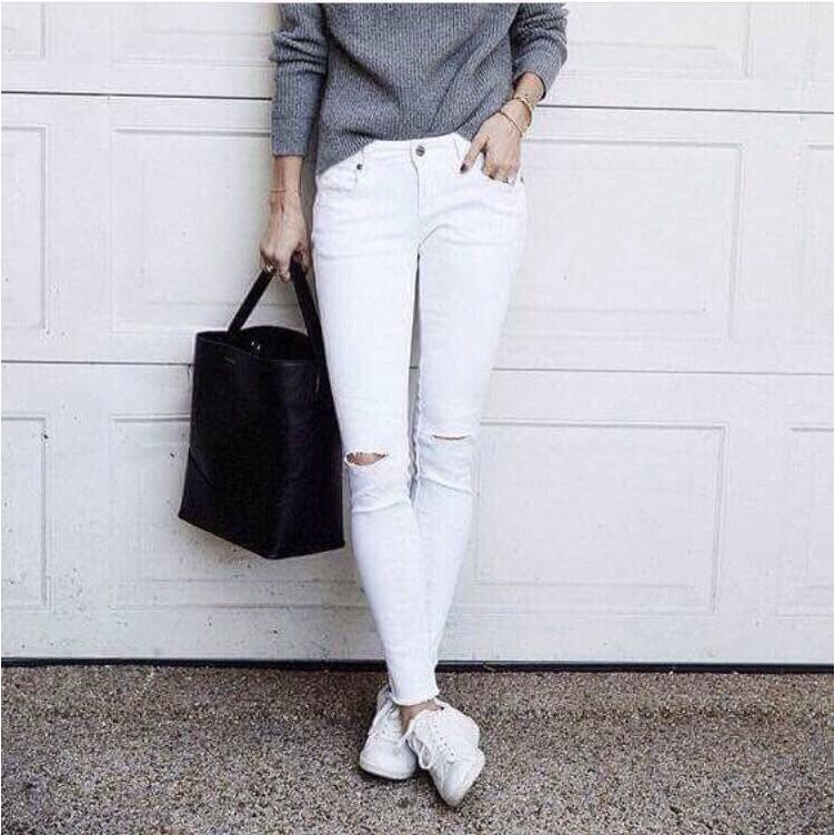 Quần Jeans Kaki Nữ Rách Gối Màu Trắng Thời Trang