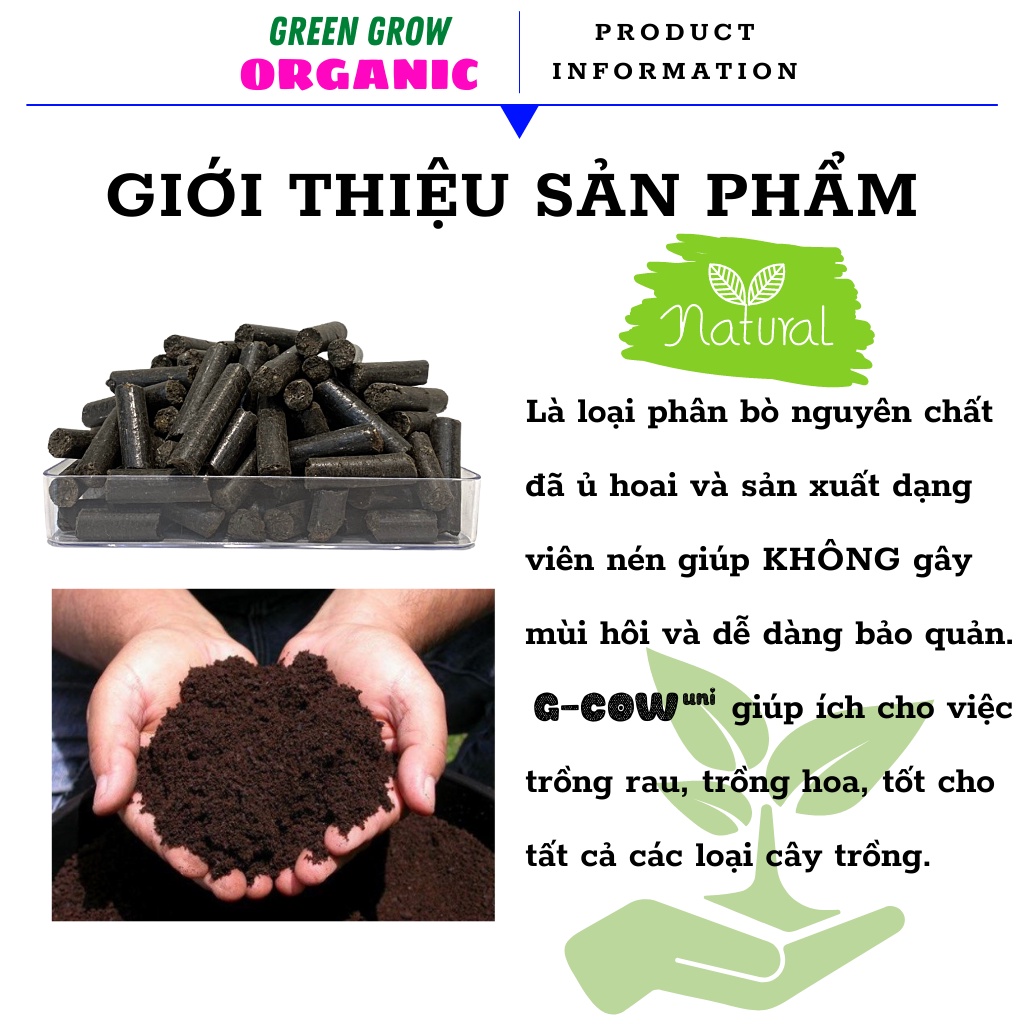 Phân bò đã qua xử lý túi 1kg Green Grow Organic dạng viên khoáng, phân bón hữu cơ trồng rau sạch, hạt giống, xơ dừa