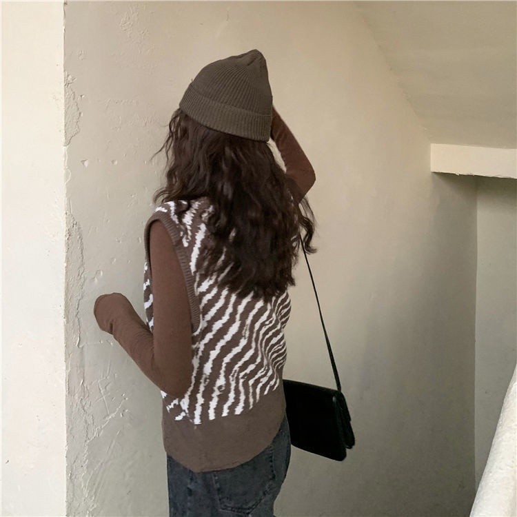 Áo Len Không Tay Dáng Rộng Họa Tiết Sọc Caro Phong Cách Retro Hàn Quốc