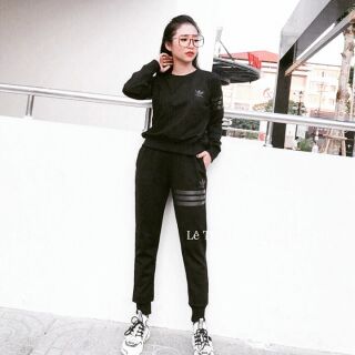 [NHẬP MÃ GIẢM GIÁ HAMAX GIẢM 45K] BỘ THỂ THAO NỈ NỮ ĐEN IN CHÌM HÀNG LOẠI 1 ( ẢNH THẬT +VIDEO)