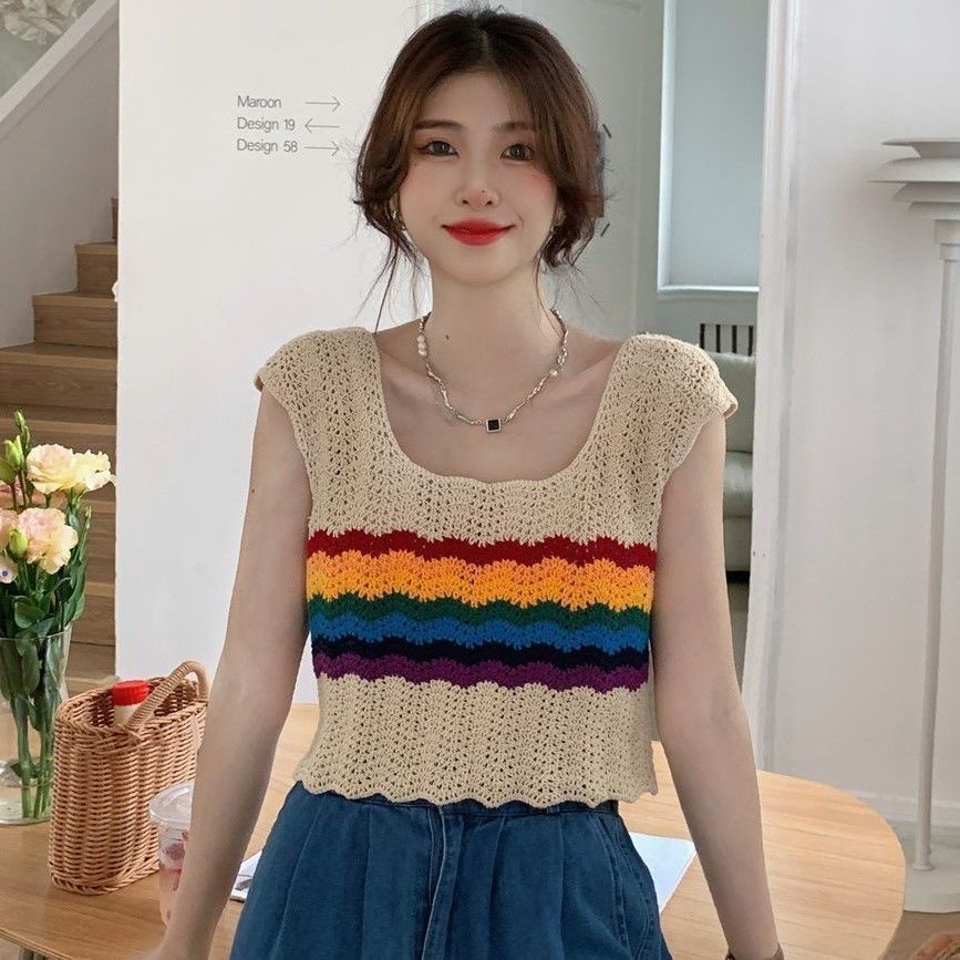 Jiashucheng Áo Dệt Kim Ngắn Không Tay Họa Tiết Sọc Cầu Vồng Khoét Rỗng Phong Cách Preppy Mới Dễ Phối Đồ Cho Nữ