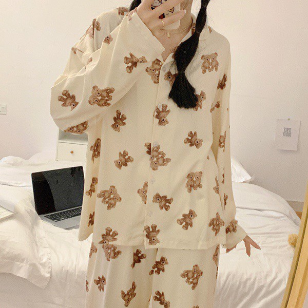 Bộ ngủ pijama dài tay gấu misa vải cotton