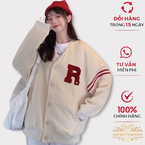 Áo khoác Cardigan Nữ Form rộng Super Fashion Họa Tiết Chữ R Nổi Siêu Xinh