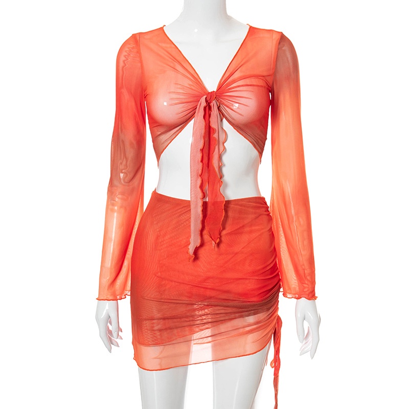 Set áo croptop tay dài cổ chữ V + chân váy ngắn thiết kế không đồng đều thời trang cá tính cho nữ