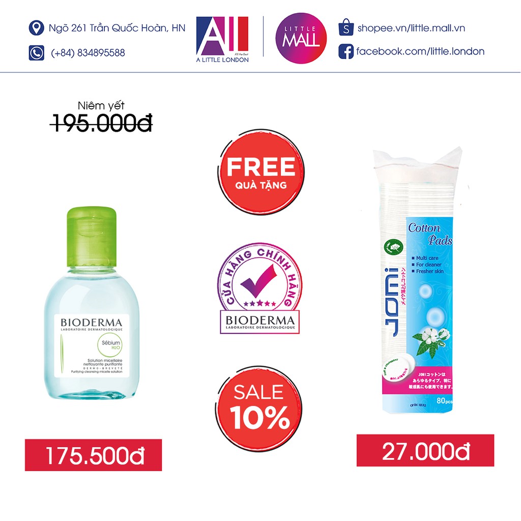 Nước tẩy trang và làm sạch dành cho da hỗn hợp,da dầu đến da mụn Bioderma sebium h20 TẶNG bông tẩy trang Jomi(Nhập khẩu) | BigBuy360 - bigbuy360.vn