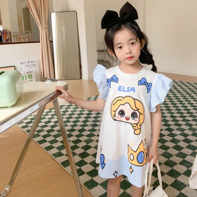 Áo Thun Cotton Tay Ngắn In Họa Tiết Hoạt Hình Elsa Thời Trang Mùa Hè Cho Bé Gái
