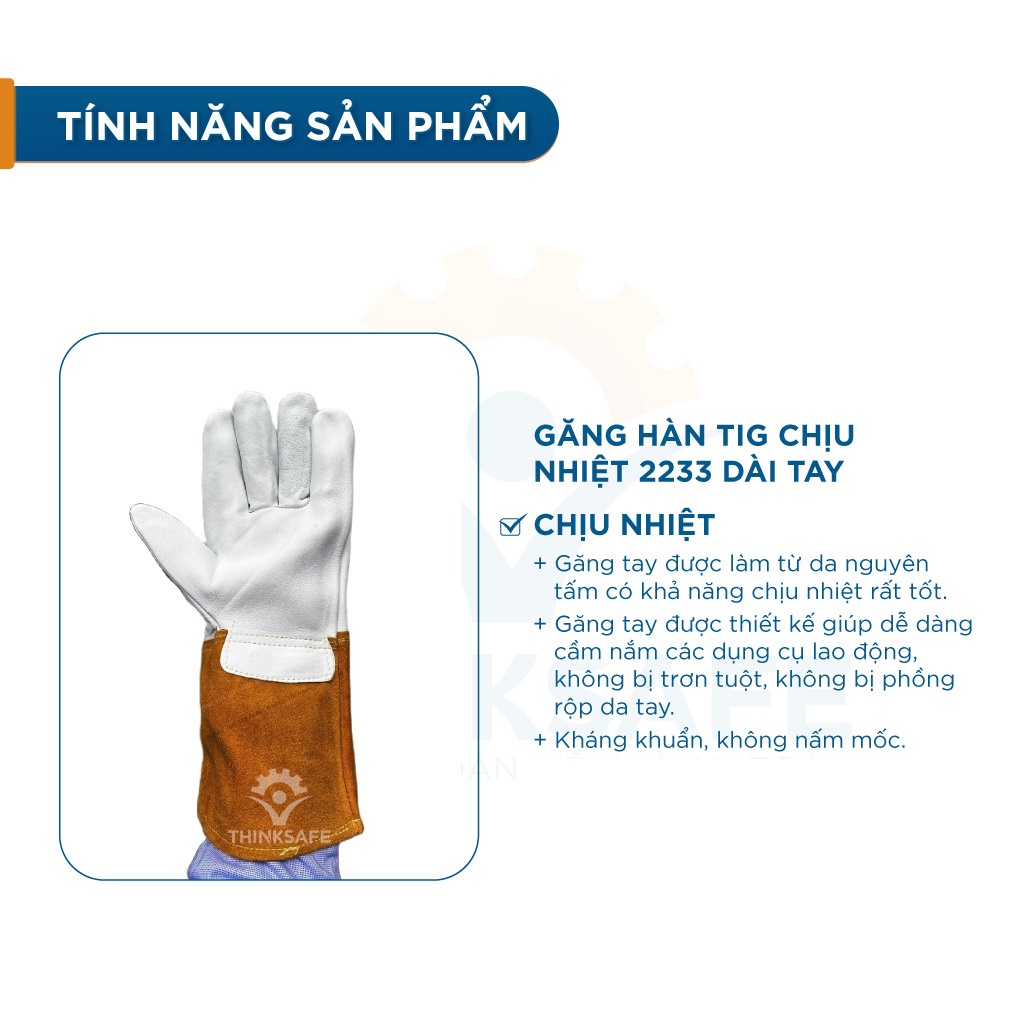 Găng tay hàn tig chịu nhiệt 2233 dài tay chống cháy, chịu nhiệt, làm bằng da bò  Bao tay hàn cắt chuyên dụng - THINKSAFE
