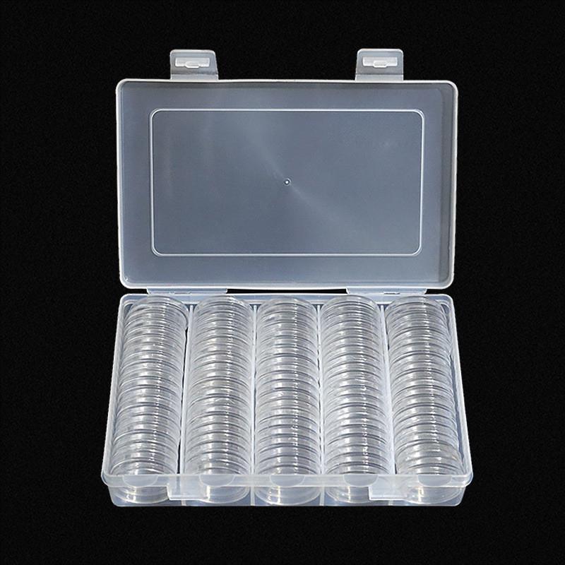 100pcs 27mm Plastic Clear Round Cases Coin Storage Capsules Holder Container+Box