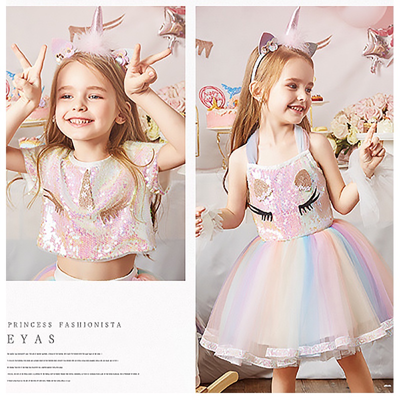 váy unicorn cho bé gái Váy Cầu Vồng AKKU