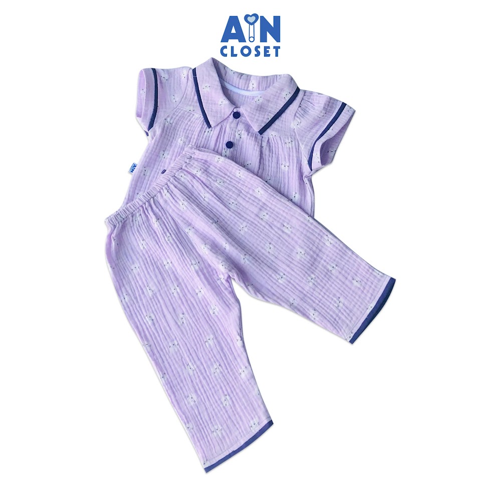 Bộ quần dài áo tay ngắn bé gái họa tiết Mèo tím xô muslin - AICDBGKEMHK4 - AIN Closet