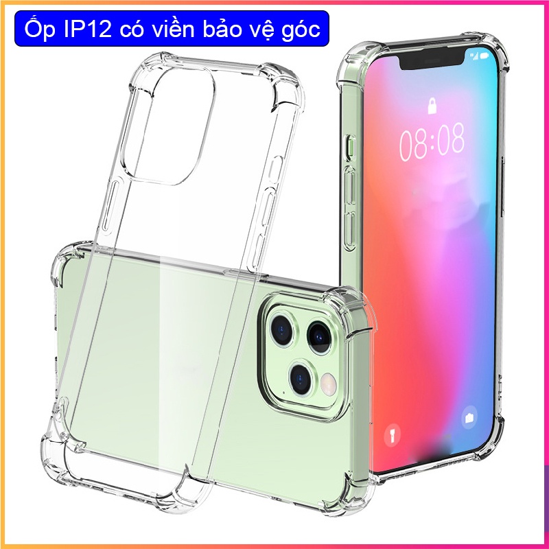 Ốp lưng điện thoại IP 12 mini promax trong suốt có viền 4 góc silicon dẻo giảm sốc, bảo vệ mặt sau hiệu quả