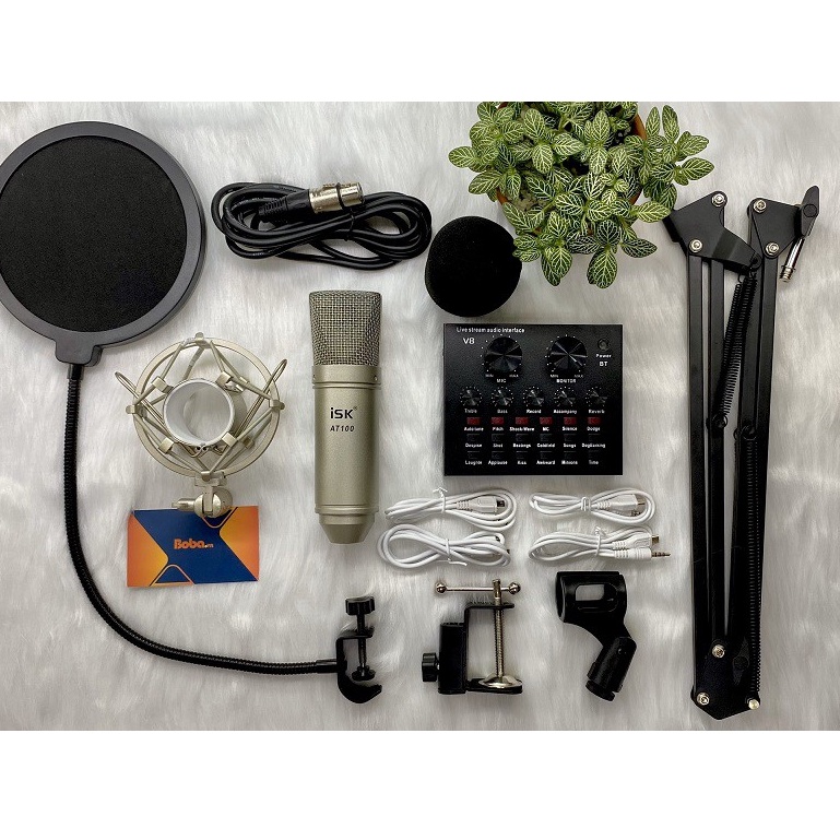 Combo bộ livestream: Micro ISK AT100, sound card V8, màng lọc âm POP FILTER, chân kẹp micro