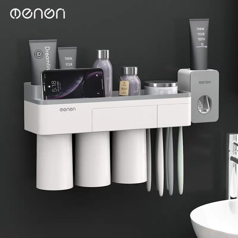 Giá treo bàn chải đánh răng oenon Kèm hộp nhả kem đánh răng tự động lắp đặt dán tường gạch men