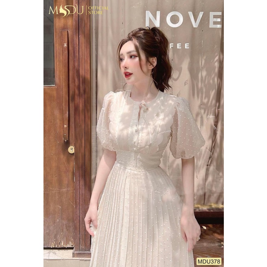 Váy đầm nữ dáng dài xếp ly tay bồng voan lụa MDU378 - HELASHOP