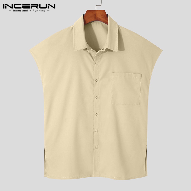 Áo sơ mi INCERUN vải cotton không tay cổ bẻ 3 màu lựa chọn thời trang cho nam