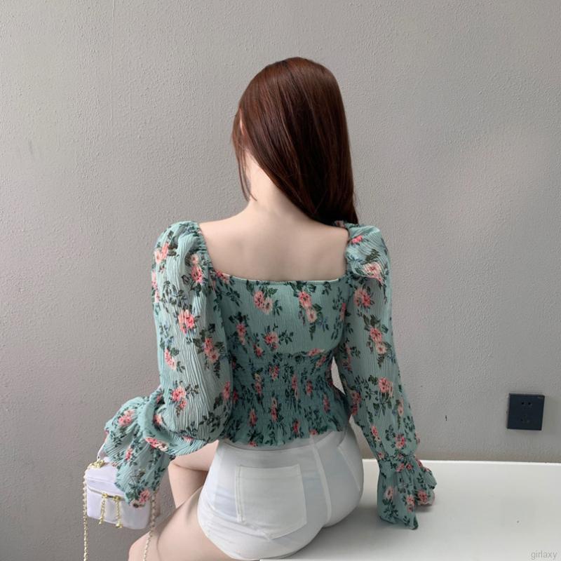 Áo croptop tay dài phồng cổ vuông in họa tiết hoa phong cách Hàn Quốc thời trang cổ điển quyến rũ cho nữ