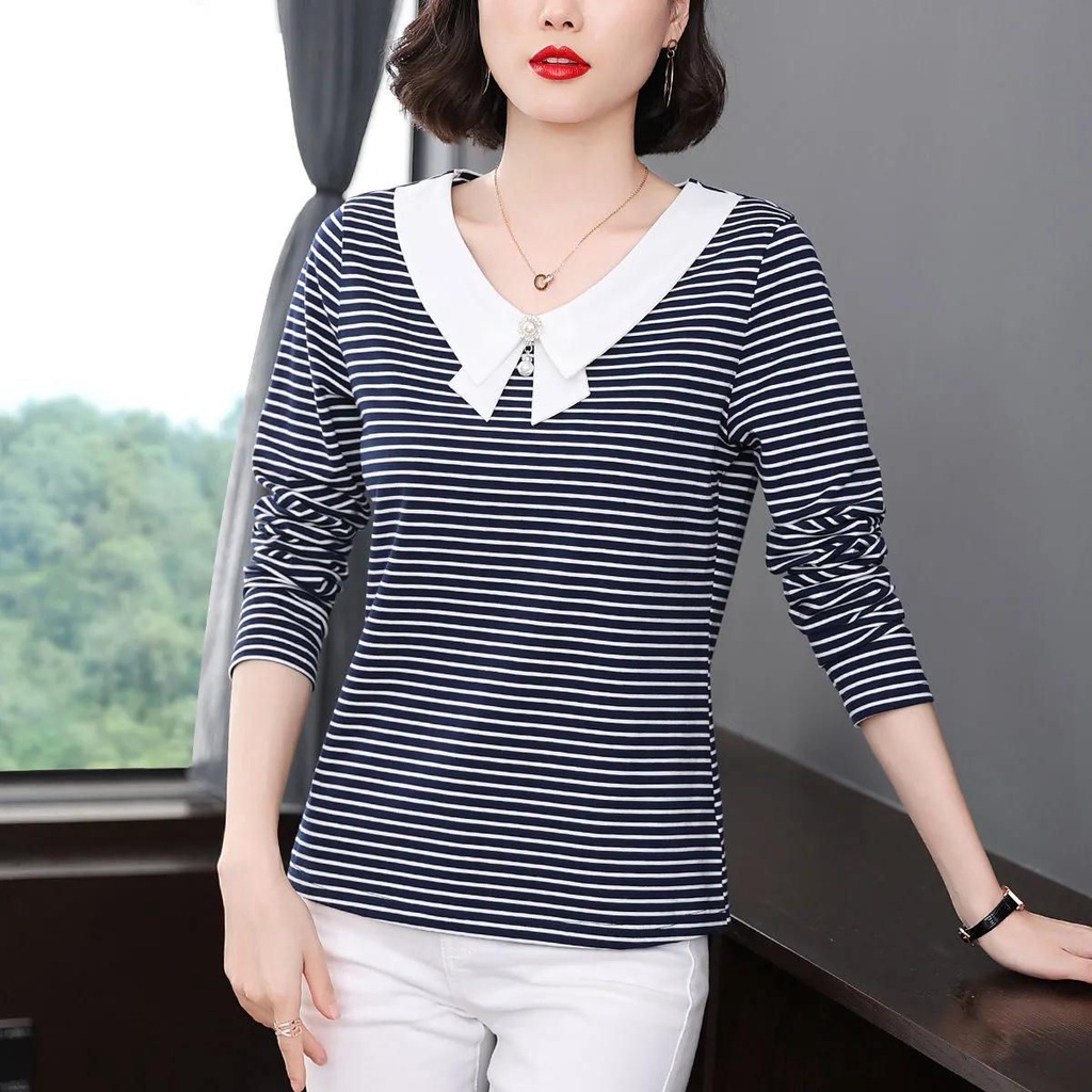 Áo thun tay dài dáng rộng họa tiết kẻ sọc thời trang cho phụ nữ trung niên