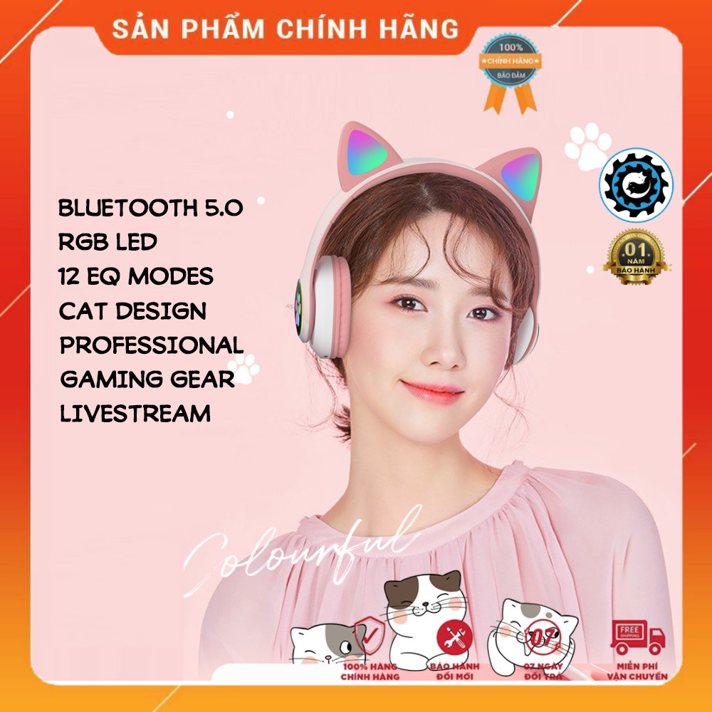 Tai Nghe Bluetooth 5.0 Mèo Kute Có Micro Chuyên Livestream STN-28 LED RGB 12 Chế Độ EQ – BH 12 Tháng