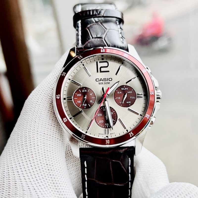Đồng hồ Nam Casio MTP-1374L-7A1VDF, đồng hồ chính hãng, dây da mặt viền đỏ
