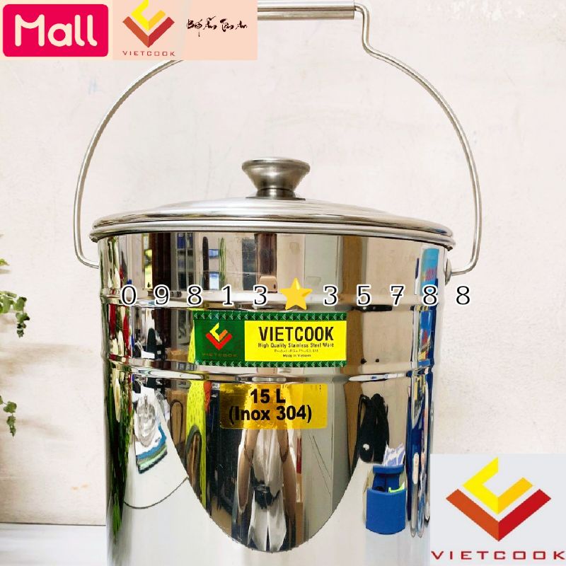 Xô inox 304 có nắp dung tích 10, 15 lít VIETCOOK đựng nước canh trường học, nước lèo, sữa, nước dùng tiện lợi