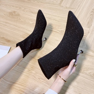 Giày bốt cao gót cổ ngắn mũi nhọn phong cách Hàn Quốc thời trang xuân thu 2021 sành điệu cho nữ