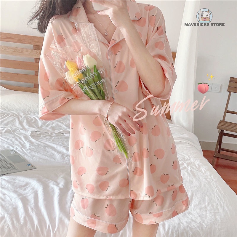 Bộ đồ ngủ hai món họa tiết trái đào dễ thương thời trang mùa hè dành cho bạn nữ