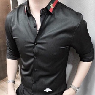 Áo sơ mi Gucci sọc cổ vải lụa đen