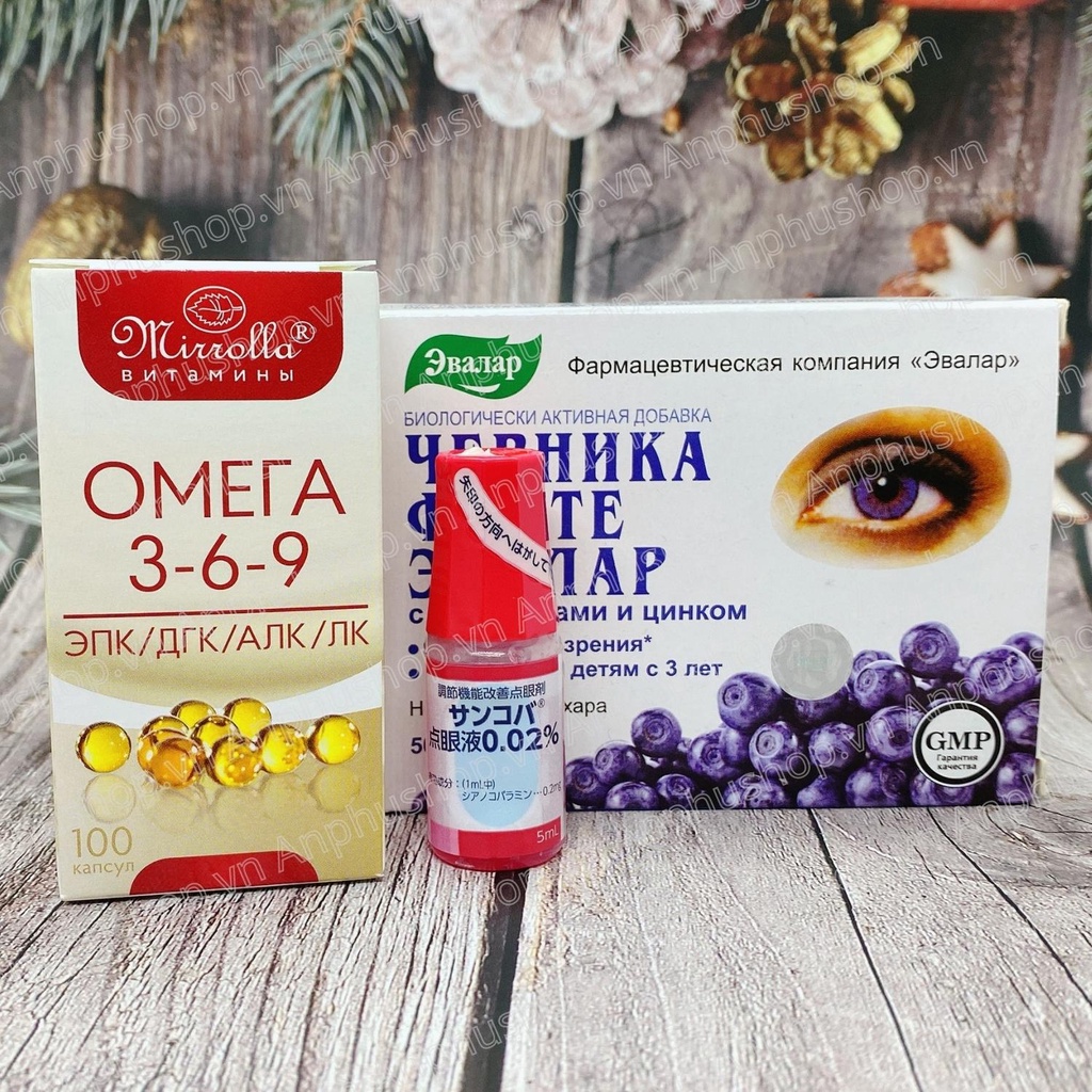 Combo nhỏ mắt Sancoba Nhật, Bổ mắt Evalar Bilberry Forte Nga, Omega 369 Mirrolla Nga giúp mắt sáng khỏe cho cả gia đình