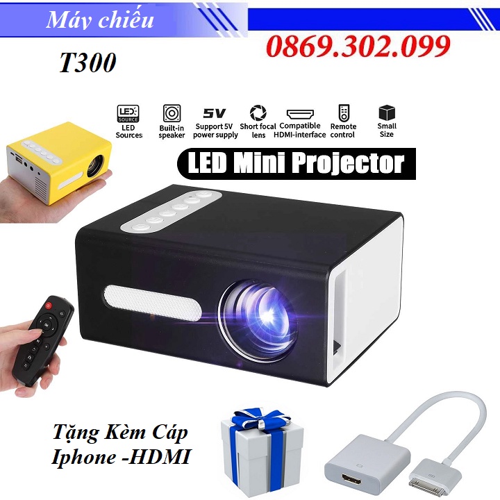 Máy Chiếu Phim Mini LCD Tại Nhà T300 Siêu Nét Tặng Kèm Cáp chuyển đổi tín hiệu Ipad, Iphone to HDMI