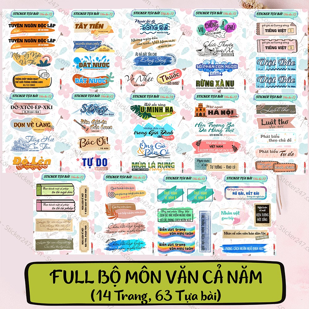 Bộ Sticker Tựa Bài Văn Học 12 (Cả năm) 𝑭𝒓𝒆𝒆𝒔𝒉𝒊𝒑 Nhãn vở Ngữ Văn Tiện Lợi, Sticker Học Tập dùng trang trí vở, sổ