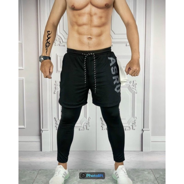 Quần đùi tập gym 2 lớp liền legging ASRV , Quần thể thao nam lót legging