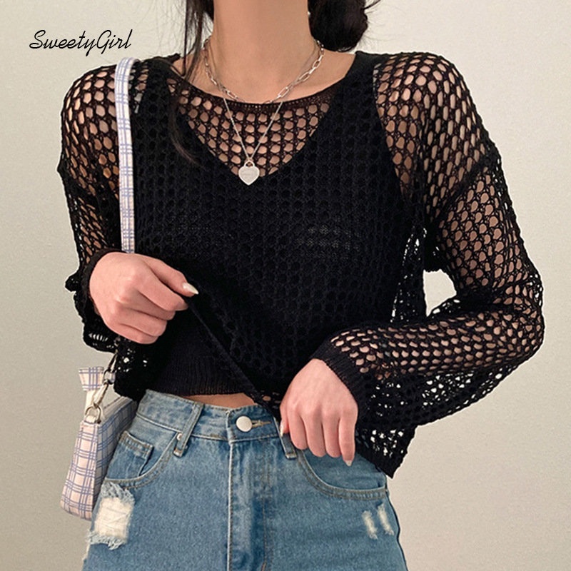 MsMona SweetyGirl Women's 2022 Fashion Solid Color Black Round Neck Long Sleeve Knitted Hollow Out Loose Fit Sexy All Match Casual T-shirt Tops