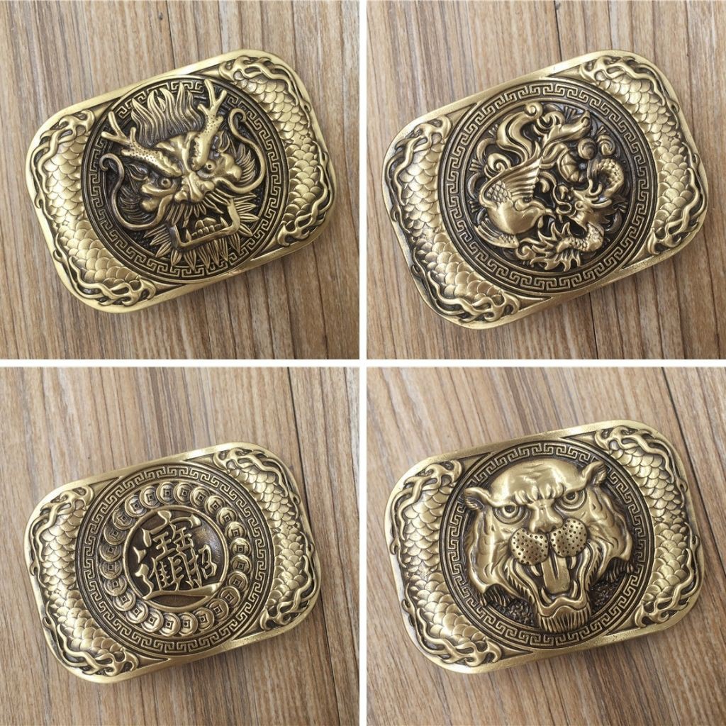 Mặt khóa thắt lưng đồng đúc 5x7cm hình rồng phượng hổ kim tiền