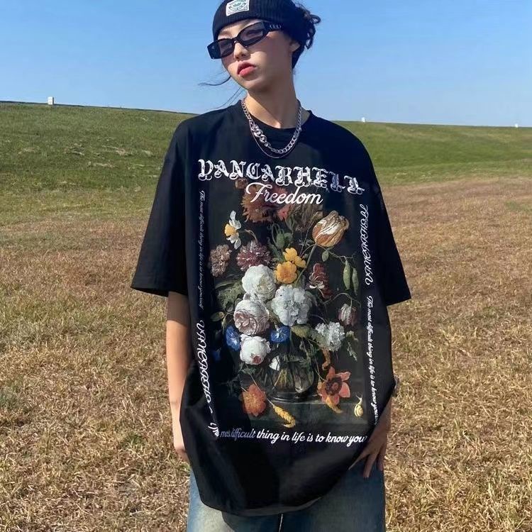 AMOI Áo Thun Tay Ngắn In Họa Tiết Tranh Sơn Dầu Phong Cách Âu Mỹ Mới