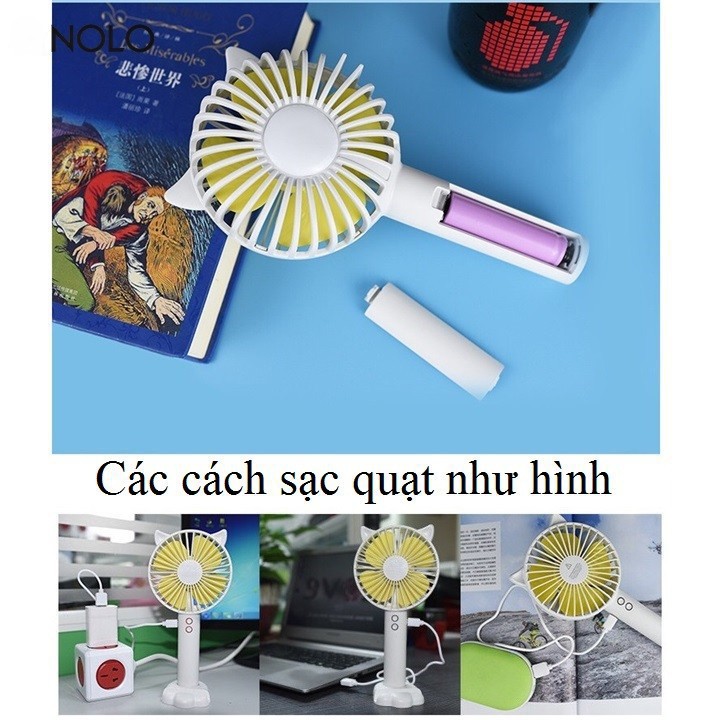 Quạt Sạc Mini Tích Điện Cầm Tay Có Đèn &amp; Đế Để Điện Thoại Tai Mèo N10 Handy Fan 3In1