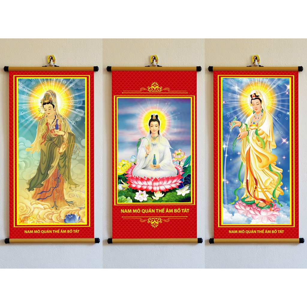 Tranh Quan Âm Bồ Tát treo tường bằng vải phủ bóng cao cấp dày dặn, tranh Phật treo tường