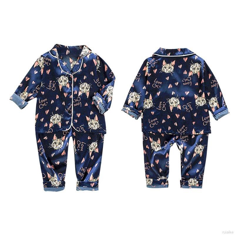 Bộ Đồ Ngủ Pijama Dài Tay In Hình Mèo Hoạt Hình Cho Bé