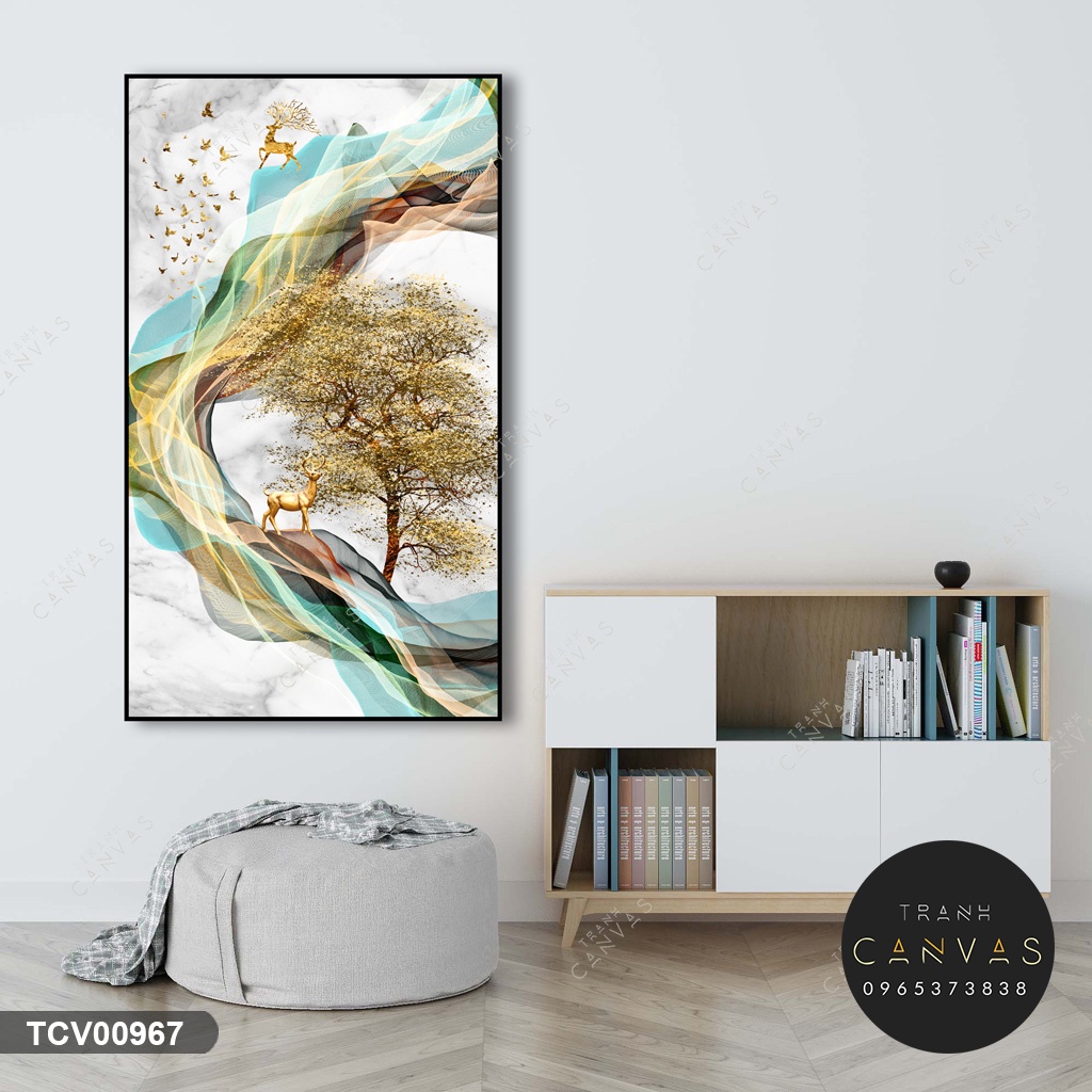 Tranh Canvas Hươu Tài Lộc khổ dọc