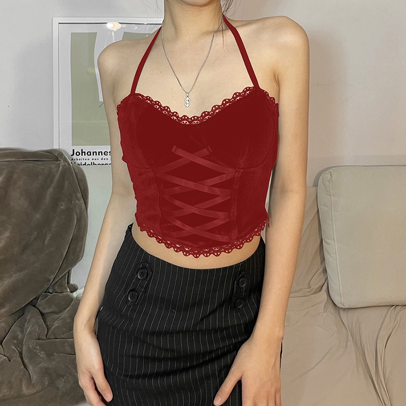 DUNEA Áo Hai Dây Cổ Yếm Phối Ren Quyến Rũ Cho Nữ