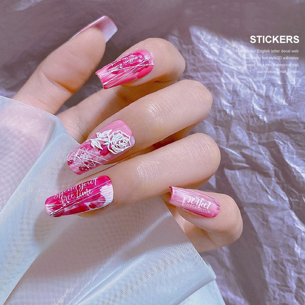 [Hàng mới về] Sticker móng tay giả họa tiết chữ tiến Anh 3D sành điệu đơn giản cho nữ