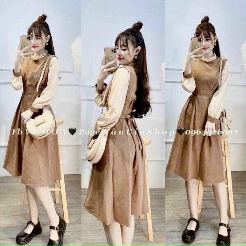 Đầm xoè tiểu thư bèo tay dài cột nơ